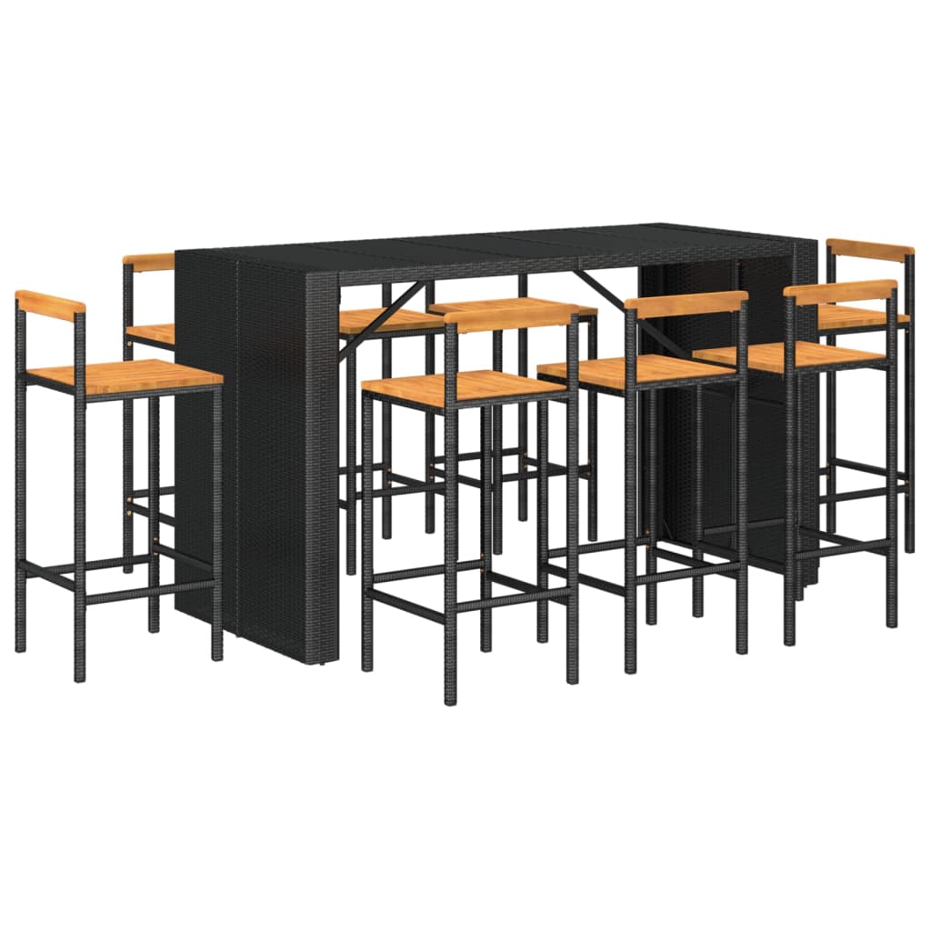 Ensemble De Bar Jardin 9 Pcs Poly Rotin/Bois Massif Acacia