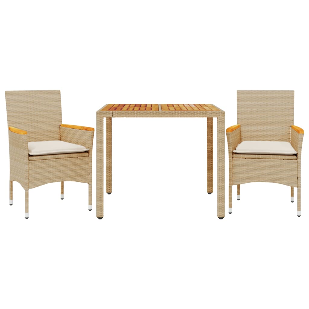 Ensemble À Manger De Jardin Et Coussins 3Pcs Rotin Acacia