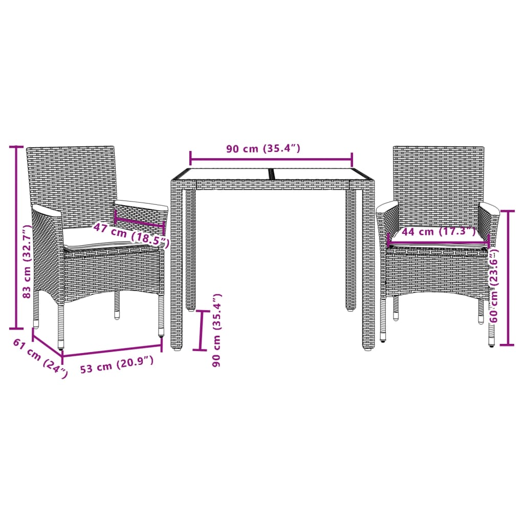 Ensemble À Manger De Jardin Et Coussins 3Pcs Rotin Acacia
